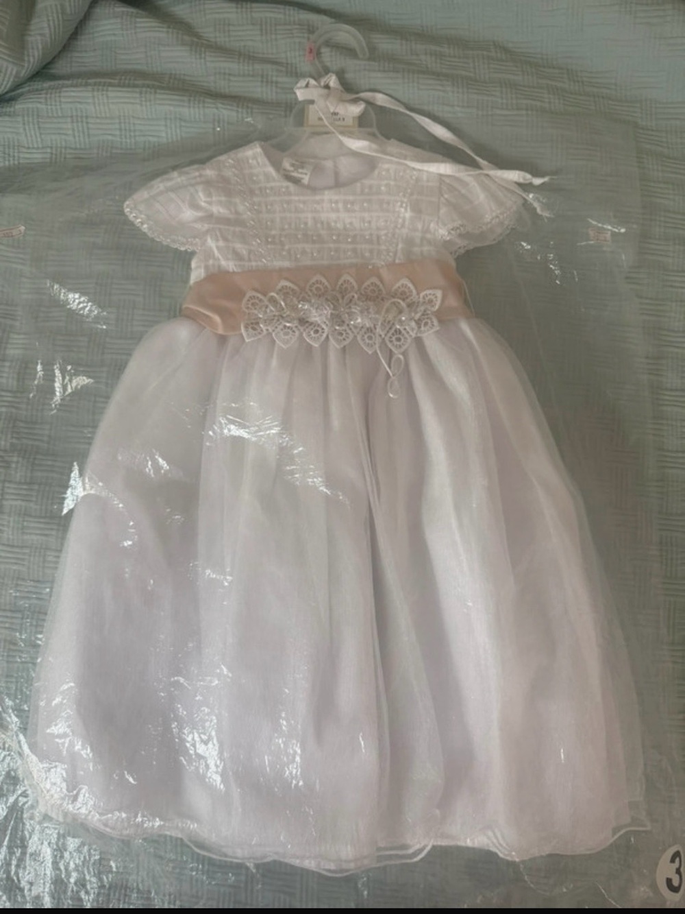 White Formal Tulle Dress with Blush Sash